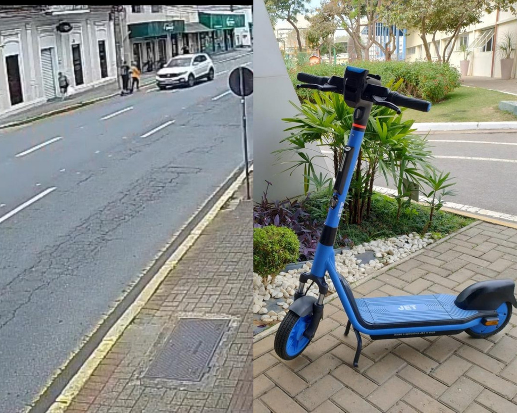 Montagem com duas imagens: à esquerda, trecho de via urbana com pedestres atravessando a rua e um carro se aproximando; à direita, patinete elétrico azul da empresa Jet estacionado sobre a calçada, em área ajardinada próxima à via.